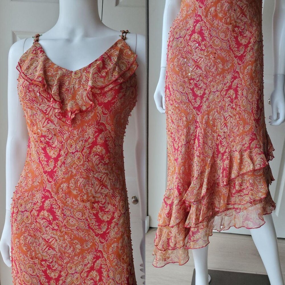 ICE Vintage 100% Silk Paisley Print Sleeveless Asymmetrical Midi Dress Size 10 - Picture 2 of 8